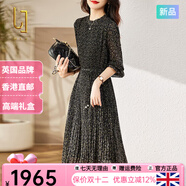 OLJ高檔品牌連衣裙女2025年秋冬新款時(shí)尚氣質(zhì)圓領(lǐng)花瓣袖A字中長(cháng)裙子 黑底紫花 M 適合80-105斤