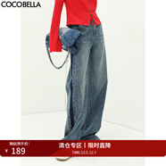 COCOBELLA拼色水洗直筒牛仔褲女撞色高腰休閑褲寬松闊腿褲DN26 牛仔藍 M
