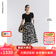 朗姿雙色針織拼接撞色印花連衣裙2025年夏季新款a字高腰碎花裙 夜幕黑色 S