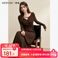 西遇咖色長(cháng)袖連衣裙女2025年秋季新款V領(lǐng)串珠鏤空領(lǐng)口修身長(cháng)裙 咖色 XL