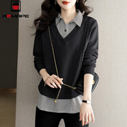 AEMAPE襯衫領(lǐng)假兩件毛衣針織衫女士秋冬2025新款時(shí)尚洋氣上衣氣質(zhì)女裝 黑色 XL 115-130斤