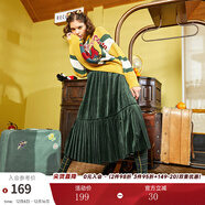 兩三事絲絨半身裙春季女黑色百褶裙裙子復古半裙長(cháng)裙 開(kāi)心自轉體 綠色 厚款 S