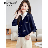 伯西亞品牌假兩件襯衫拼接針織衫女裝2025秋季腰果提花打底毛衣短款上衣 藏青 M