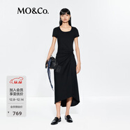 MO&Co.連衣裙夏扭結高腰短袖正肩長(cháng)裙MBE2DRS002可露麗穿搭 黑色 XS /155