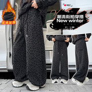 G.duck女童褲子秋冬款2025新款洋氣女孩兒童加厚運動(dòng)衛褲豹紋加絨保暖褲 深灰豹紋褲子 150 cm