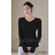 JTTCAC日本羊毛衫女春秋冬新款寬松內搭毛衣長(cháng)袖針織柔軟打底衫上衣 黑色 M 【91-105斤