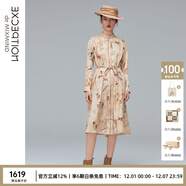 例外（EXCEPTION）新中式春秋款高級小眾設計感萊賽爾纖維印花襯衫連衣裙 淺卡其 L