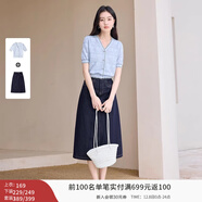 香影v領(lǐng)薄款針織衫女短袖2025夏裝新款藍色正肩t恤提花蝴蝶結上衣 套裝3 藍色短袖+半身裙套裝 S 155/80A/85-95斤