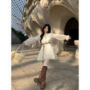 BLOVELAN吉普賽少女 異域波西米亞氛圍感絕美多層花邊連衣裙度假風(fēng)短裙 仙女杏（有腰帶連衣裙 S