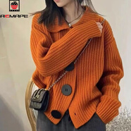 AEMAPE歐貨開(kāi)衫針織衫女2025秋冬新款V領(lǐng)長(cháng)袖寬松韓版時(shí)尚大扣翻領(lǐng)毛衣 桔色. L 建議105斤-115斤