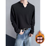 尊首（ZUNSHOU）加絨男士雞心領(lǐng)內搭長(cháng)袖T恤秋冬肌理感小V領(lǐng)大碼胖子打底上衣寬松 黑色 M