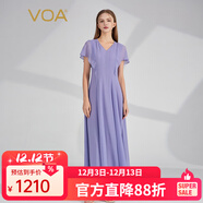 VOA12姆米喬其V領(lǐng)荷葉邊短袖拼接做舊工藝桑蠶絲連衣裙 AE1037 浣溪紗-紫蘭（Z91） 2XL