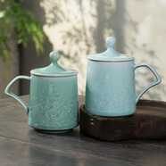 甌江陶瓷浮雕茶杯辦公文創(chuàng  )禮品雙龍戲珠浮雕陶瓷杯辦公室家用泡茶杯 天青釉色