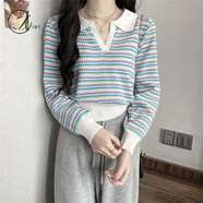Jret撞色條紋毛衣女秋季2024年新款法式溫柔風(fēng)顯瘦短款針織衫套頭上衣 彩虹條 均碼 彈力均碼(建議70-120斤)