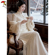 啄木鳥(niǎo)新中式巨好看立領(lǐng)溫柔加絨加厚連衣裙女秋冬國風(fēng)修身流蘇旗袍長(cháng)裙 單拍  梔子白連衣裙 M