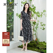 YINER音兒專(zhuān)選秋季女裝法式藝術(shù)印花網(wǎng)紗五分袖V領(lǐng)收腰連衣裙 黑色 S