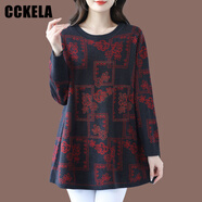 CCKELA中年媽媽裝秋冬加肥加大碼羊毛打底衫A版寬松遮肚時(shí)尚印花針織衫 黑灰 S 適合88-92斤