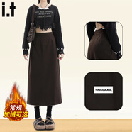 :CHOCOOLATE  it女裝毛呢半身中長(cháng)裙女冬季新款高腰a字包臀裙開(kāi)叉直筒一步裙 咖色【加絨】 S