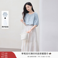 香影中袖襯衫女圓領(lǐng)2025夏裝新款慵懶泡泡袖氣質(zhì)淑女寬松藍色上衣 套裝 襯衫+半裙 M 160/84A/95-110斤