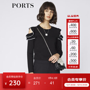 PORTS寶姿 新品女裝優(yōu)雅露肩荷葉邊毛針織衫SA9K435GZF015 黑色 XL