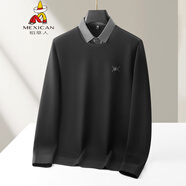 稻草人2025冬季男士商務(wù)休閑加肥加大碼襯衫領(lǐng)打底衫加絨加厚假兩件T恤 黑色 均碼 58