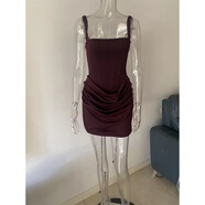 歐美抹胸肩帶式短款綁帶性感辣妹連衣裙時(shí)尚百搭輕奢禮服裙子 深紫色 S