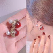 四葉草雙面珍珠耳釘s925純銀針時(shí)尚氣質(zhì)黑色水鉆耳環(huán)純銀耳飾女 甜美櫻桃