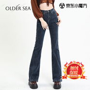 OLDER SEA微喇牛仔褲女秋季2025新款小個(gè)子喇叭褲女復古高腰顯瘦闊腿褲子女 藍灰色 加絨 L 建議111-120斤