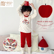 莫代爾兒童紅色秋衣秋褲純棉睡衣新年款寶寶家居服男女童本命年喜慶內衣 平色紅·國風(fēng)醒獅 150 建議年齡9-10歲碼 建議身高135-14