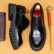 川左川右（CuzooCuyoo）皮鞋男士手工真皮亮面男英倫真皮感雕花商務(wù)休閑厚底增高德比鞋 黑色 37 皮鞋碼