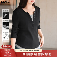 MsShe【長(cháng)袖假兩件針織衫】大碼女裝2025秋裝胖mmT恤遮肚巨顯瘦毛衣 短袖【V領(lǐng)】黑色現貨 4XL
