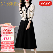 NOSSKISS奢侈高檔品牌長(cháng)袖連衣裙女2025秋季新款氣質(zhì)顯瘦小香風(fēng)套裝裙子 米白 2XL 【130-145斤】