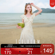 三彩2025夏季新款提花連衣裙波點(diǎn)印花荷葉邊收腰長(cháng)裙法式M