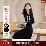 歐莎（OSA）小香風(fēng)假兩件菱格紋連衣裙女2025秋季新款泡泡袖顯瘦針織裙子 黑色 S