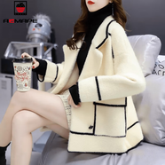 AEMAPE仿水貂絨外衣西裝領(lǐng)外套女2025秋冬季軟糯開(kāi)衫小香風(fēng)韓版寬松上衣 米白色  2XL