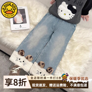 G.duck小黃鴨女童加絨牛仔褲子秋冬款兒童一體絨闊腿褲寶寶冬季直筒褲 豹紋貓咪加絨牛仔褲 120 (建議105-115cm 5-6周歲)