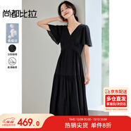 尚都比拉[100%桑蠶絲]女裝真絲連衣裙夏季輕薄裙子V領(lǐng)氣質(zhì)小黑裙 黑色 L