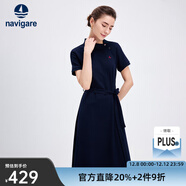 Navigare意大利小帆船女士連衣裙25夏季休閑百搭裙子不對稱(chēng)翻領(lǐng)通勤中長(cháng)裙 海軍藍 XL