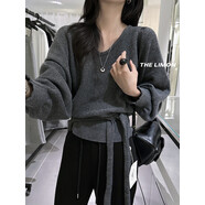 念琢新款綠茶秋冬韓系氛圍感設計感蝙蝠袖V領(lǐng)綁帶長(cháng)袖針織毛衣衫 碳灰 均碼 （80-130