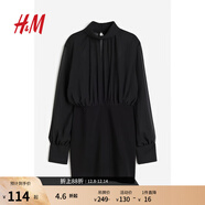 H&M女裝連衣裙秋季修身舒適立領(lǐng)燈籠袖連衣短裙1205567 黑色 XS 155/80
