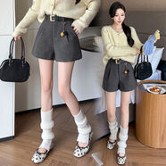 JPUZ百搭休閑短褲女2026秋冬新款高腰西裝毛呢短褲口袋呢子A字闊腿褲 灰色 S