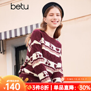 百圖betu女裝秋冬新款毛衣彩色條紋印花圖案套頭毛衫女2310T37 紅色 L