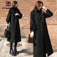 AEMAPE毛呢大衣女裝2025春秋冬季新款時(shí)尚氣質(zhì)赫本風(fēng)黑色呢子外套長(cháng)款 黑色 2XL _建議140-155斤