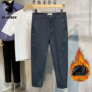 花花公子（PLAYBOY）冬季加絨休閑褲男修身直筒九分商務(wù)西褲男士百搭顯瘦保暖長(cháng)褲子男 藍色九分半 加絨 30