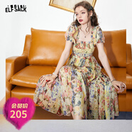 妖精的口袋法式方領(lǐng)連衣裙女2024夏季新款泡泡袖高定雪紡碎花裙子 春日花花黃 M