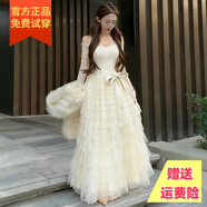 帕威索公主風(fēng)甜美性感網(wǎng)紗蕾絲長(cháng)裙高腰寬松大擺顯瘦生日會(huì )禮服連衣裙女 奶油白不加絨 L