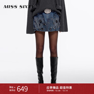 MISS SIXTY冬牛仔半身裙女重工釘珠亮片網(wǎng)紗做舊感洗水迷你超短裙 深藍 M