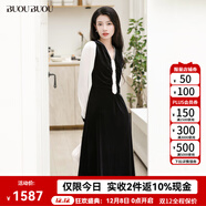 BUOUBUOU2025年秋商場(chǎng)同款法式優(yōu)雅釘珠光澤絲絨雪紡V領(lǐng)連衣裙 黑色B88 M