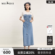 謎底拼接牛仔長(cháng)裙夏款時(shí)尚休閑釘珠繡連衣裙短袖242ML0559 中藍 2XL
