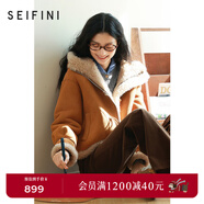 詩(shī)凡黎（'SEIFINI）【100%綿羊毛】詩(shī)凡黎連帽牛角扣毛毛短外套24年新款時(shí)尚保暖上衣 淺金棕 155/80A/S